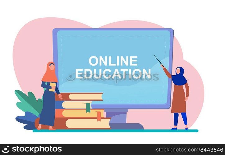 Tiny Arabian woman learning via computer. Book, student, internet flat vector illustration. Study and online education concept for banner, website design or landing web page