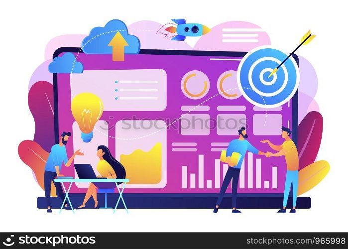 Tiny business analysts discussing ideas at laptop with data. Data initiative, occupation in metadata study, data driven startup concept. Bright vibrant violet vector isolated illustration. Data initiative concept vector illustration.