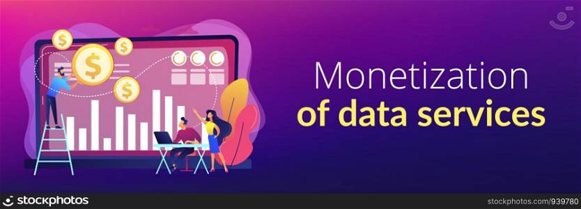 Tiny business people and analysts transforming data into money. Data monetization, monetizing of data services, selling of data analysis concept. Header or footer banner template with copy space.. Data monetization concept banner header.