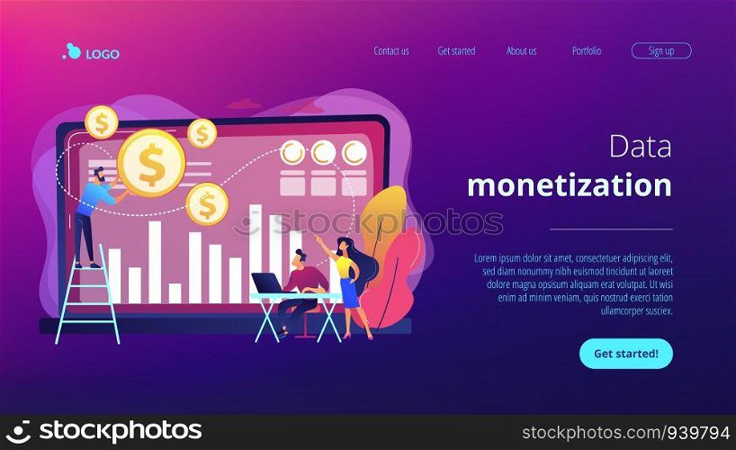 Tiny business people and analysts transforming data into money. Data monetization, monetizing of data services, selling of data analysis concept. Website vibrant violet landing web page template.. Data monetization concept landing page.