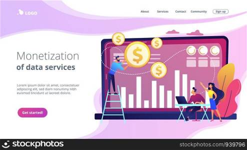 Tiny business people and analysts transforming data into money. Data monetization, monetizing of data services, selling of data analysis concept. Website vibrant violet landing web page template.. Data monetization concept landing page.