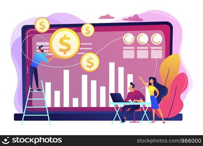 Tiny business people and analysts transforming data into money. Data monetization, monetizing of data services, selling of data analysis concept. Bright vibrant violet vector isolated illustration. Data monetization concept vector illustration.