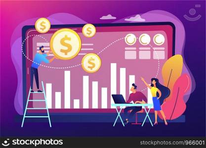 Tiny business people and analysts transforming data into money. Data monetization, monetizing of data services, selling of data analysis concept. Bright vibrant violet vector isolated illustration. Data monetization concept vector illustration.