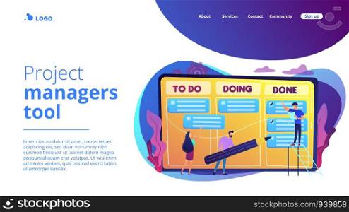 Tiny business people and manager at tasks and goals accomplishment chart. Task management, project managers tool, task management software concept. Website vibrant violet landing web page template.. Task management concept landing page.