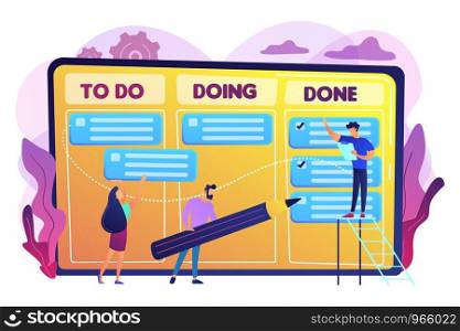 Tiny business people and manager at tasks and goals accomplishment chart. Task management, project managers tool, task management software concept. Bright vibrant violet vector isolated illustration. Task management concept vector illustration.