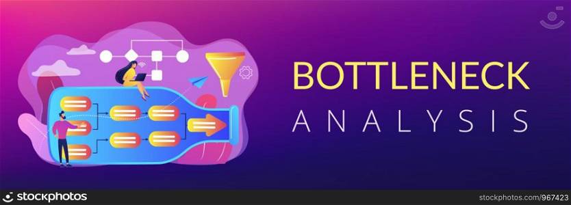 Tiny business people at bottle looking for system least capacity. Bottleneck analysis, bottlenecking control, workflow improvement concept. Header or footer banner template with copy space.. Bottleneck analysis concept banner header.