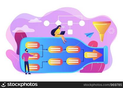 Tiny business people at bottle looking for system least capacity. Bottleneck analysis, bottlenecking control, workflow improvement concept. Bright vibrant violet vector isolated illustration. Bottleneck analysis concept vector illustration.