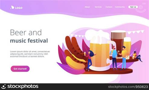 Tiny business people at festival talking and drinking beer, huge mug and sausages. Beer fest, street brewing, beer and music festival concept. Website homepage landing web page template.. Beer fest concept landing page.