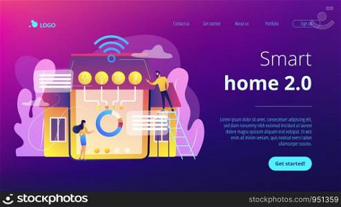 Tiny business people at innovative smart home automation system. Smart home 2.0, next generation IoT, home with cognitive intelligence concept. Website vibrant violet landing web page template.. Smart home 2.0 concept landing page.
