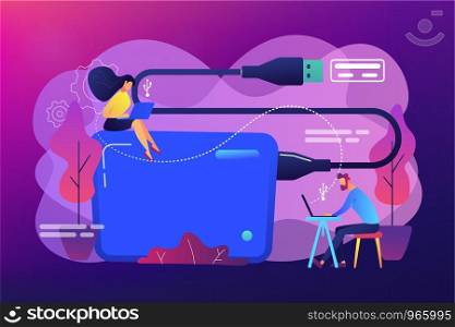 Tiny business people at laptops using portable external hard drive. External hard drive, data storage device, external storage hdd concept. Bright vibrant violet vector isolated illustration. External hard drive concept vector illustration.