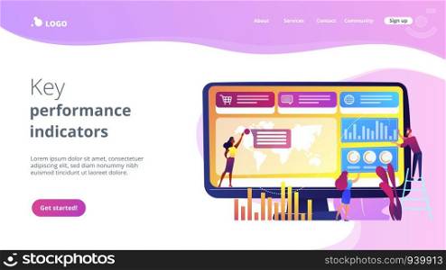 Tiny business people build dashboard and analyze statistics. Dashboard service, online reporting mechanism, key performance indicators concept. Website vibrant violet landing web page template.. Dashboard service concept landing page.