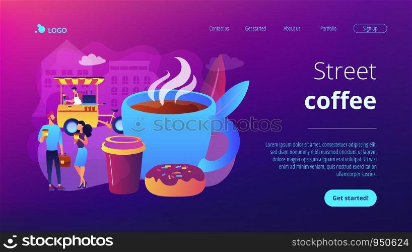 Tiny business people drinking coffee in the street, food cart and huge cup and donut. Street coffee, coffee to go service, street hot drinks concept. Website homepage landing web page template.. Street coffee concept landing page.