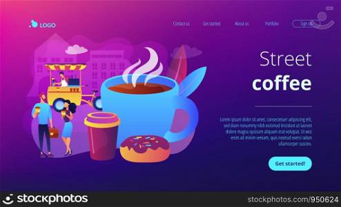 Tiny business people drinking coffee in the street, food cart and huge cup and donut. Street coffee, coffee to go service, street hot drinks concept. Website homepage landing web page template.. Street coffee concept landing page.