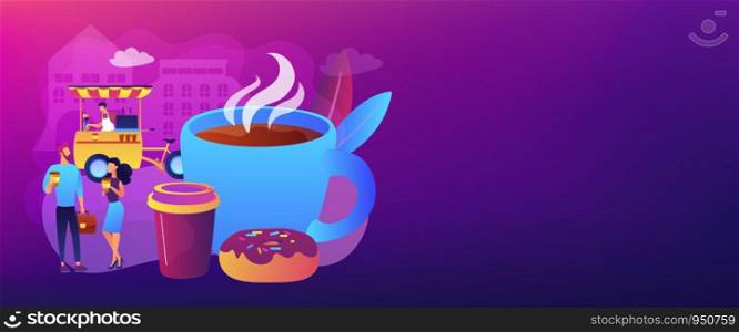 Tiny business people drinking coffee in the street, food cart and huge cup and donut. Street coffee, coffee to go service, street hot drinks concept. Header or footer banner template with copy space.. Street coffee concept banner header.