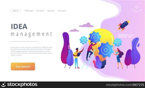 Tiny business people generating ideas and holding gears at big light bulb. Idea management, alternative thinking, best solution choice concept. Website vibrant violet landing web page template.. Idea management concept landing page.