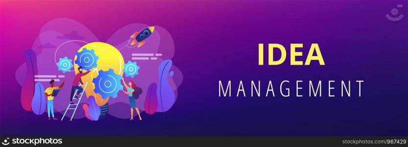 Tiny business people generating ideas and holding gears at big light bulb. Idea management, alternative thinking, best solution choice concept. Header or footer banner template with copy space.. Idea management concept banner header.