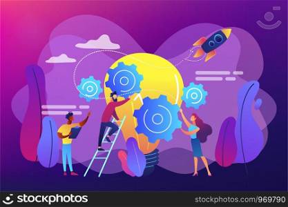 Tiny business people generating ideas and holding gears at big light bulb. Idea management, alternative thinking, best solution choice concept. Bright vibrant violet vector isolated illustration. Idea management concept vector illustration.