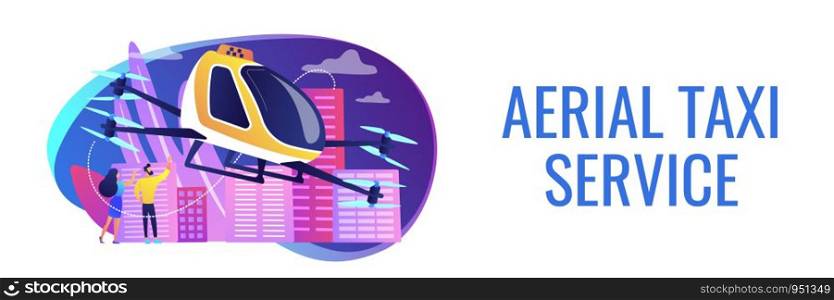 Tiny business people go on trip in aerial taxi in the city. Aerial taxi service, aerial ride-hailing platform, flying transport development concept. Header or footer banner template with copy space.. Aerial taxi service concept banner header.