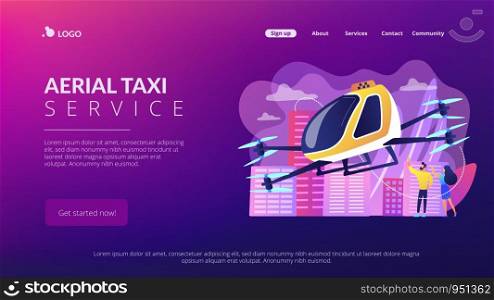 Tiny business people go on trip in aerial taxi in the city. Aerial taxi service, aerial ride-hailing platform, flying transport development concept. Website vibrant violet landing web page template.. Aerial taxi service concept landing page.