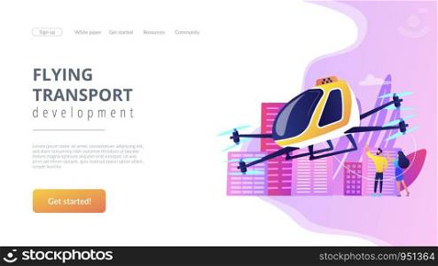 Tiny business people go on trip in aerial taxi in the city. Aerial taxi service, aerial ride-hailing platform, flying transport development concept. Website vibrant violet landing web page template.. Aerial taxi service concept landing page.