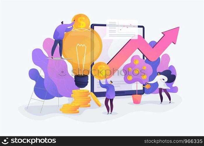 Tiny business people investing into innovation with high potential. Venture capital, venture investment, venture financing and business angel concept. Vector isolated concept creative illustration.. Venture investment concept vector illustration.