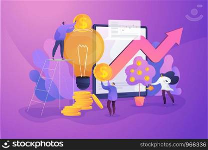 Tiny business people investing into innovation with high potential. Venture capital, venture investment, venture financing and business angel concept. Vector isolated concept creative illustration.. Venture investment concept vector illustration.