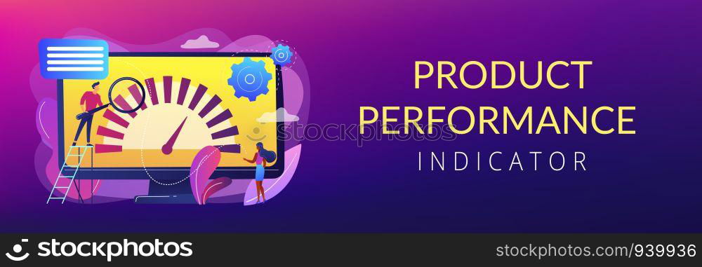 Tiny business people look at product performance indicator. Benchmark testing, benchmarking software, product performance indicator concept. Header or footer banner template with copy space.. Benchmark testing concept banner header.