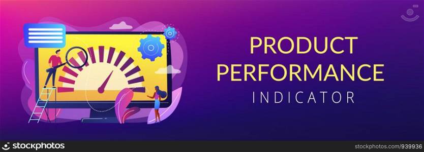 Tiny business people look at product performance indicator. Benchmark testing, benchmarking software, product performance indicator concept. Header or footer banner template with copy space.. Benchmark testing concept banner header.