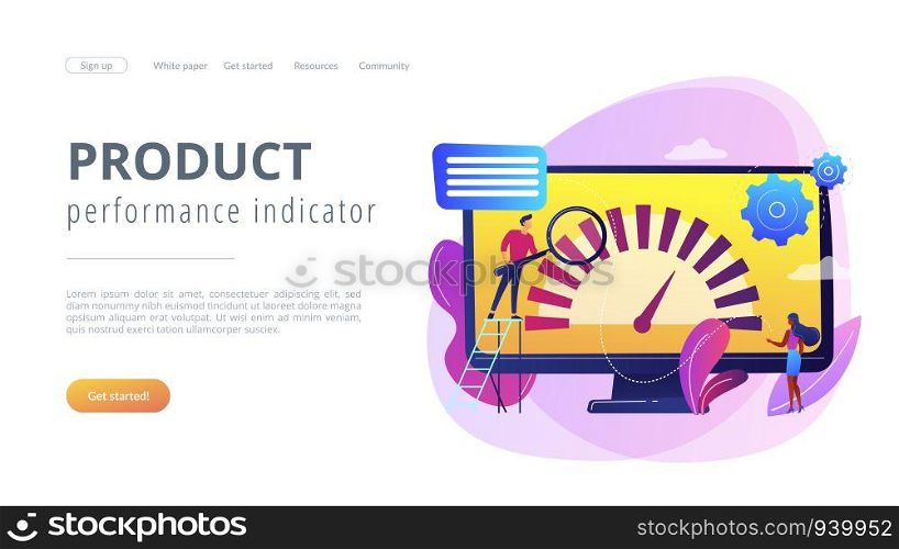 Tiny business people look at product performance indicator. Benchmark testing, benchmarking software, product performance indicator concept. Website vibrant violet landing web page template.. Benchmark testing concept landing page.