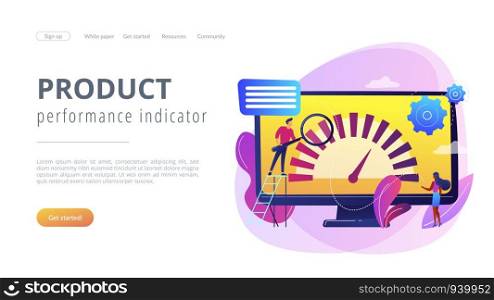 Tiny business people look at product performance indicator. Benchmark testing, benchmarking software, product performance indicator concept. Website vibrant violet landing web page template.. Benchmark testing concept landing page.