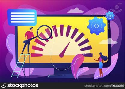 Tiny business people look at product performance indicator. Benchmark testing, benchmarking software, product performance indicator concept. Bright vibrant violet vector isolated illustration. Benchmark testing concept vector illustration.
