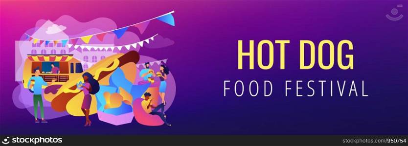 Tiny business people on festival eating hot dogs and burgers bought from truck. Street food, city food truck, street food festival concept. Header or footer banner template with copy space.. Street food concept banner header.