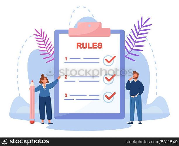 Tiny business people reading list of rules. Man and woman making checklist for control of companys management on huge clipboard flat vector illustration. Guidance concept