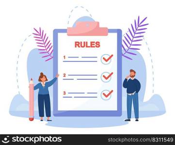 Tiny business people reading list of rules. Man and woman making checklist for control of companys management on huge clipboard flat vector illustration. Guidance concept
