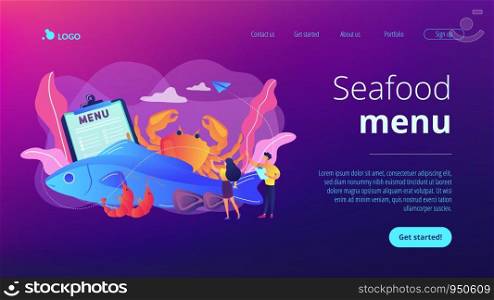 Tiny business people reading menu and sea food products, fish and crab. Seafood menu, seafood nutrition diet, marine products shop concept. Website homepage landing web page template.. Seafood menu concept landing page.