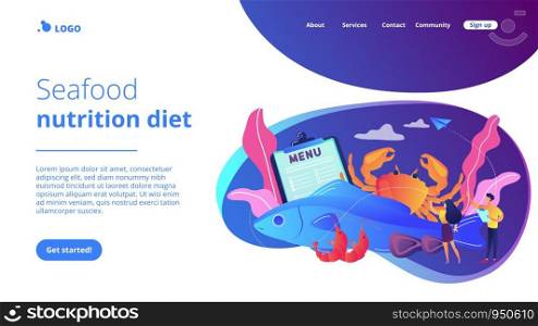 Tiny business people reading menu and sea food products, fish and crab. Seafood menu, seafood nutrition diet, marine products shop concept. Website homepage landing web page template.. Seafood menu concept landing page.