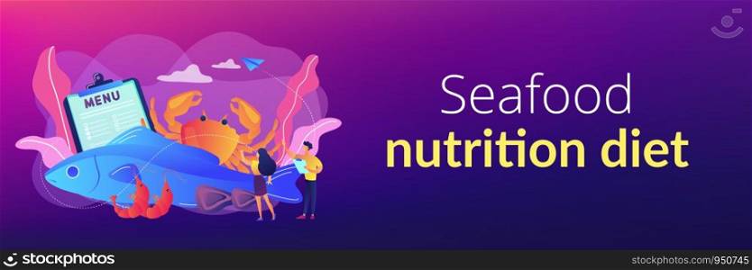 Tiny business people reading menu and sea food products, fish and crab. Seafood menu, seafood nutrition diet, marine products shop concept. Header or footer banner template with copy space.. Seafood menu concept banner header.