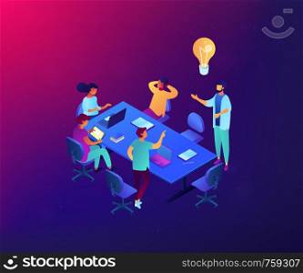 Tiny business people team at table brainstorming, sharing ideas. Productive team communication, efficient collaboration, open space office concept. Ultraviolet neon vector isometric 3D illustration.. Productive team communication isometric 3D concept illustration.