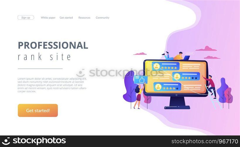 Tiny business people using rating site to vote on people on computer screen. Rating site, professional rank site, content rating page concept. Website vibrant violet landing web page template.. Rating site concept landing page.