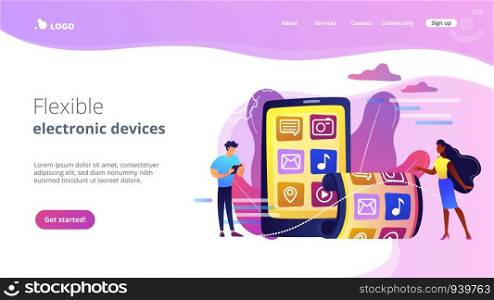 Tiny business people using smartphone with flexible screen. Foldable smartphone, flexible electronic devices, new technology trend concept. Website vibrant violet landing web page template.. Foldable smartphone concept landing page.