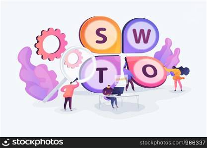 Tiny business people using SWOT technique for planning project. SWOT analysis method, SWOT matrix, strategic project planning concept. Vector isolated concept creative illustration.. SWOT analysis concept vector illustration.