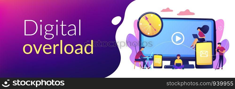 Tiny business people watching at digital devices screens and clock. Screen addiction, digital overload, information overload implications concept. Header or footer banner template with copy space.. Screen addiction concept banner header.