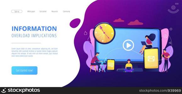 Tiny business people watching at digital devices screens and clock. Screen addiction, digital overload, information overload implications concept. Website vibrant violet landing web page template.. Screen addiction concept landing page.