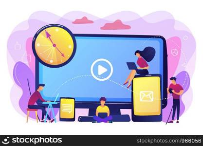 Tiny business people watching at digital devices screens and clock. Screen addiction, digital overload, information overload implications concept. Bright vibrant violet vector isolated illustration. Screen addiction concept vector illustration.