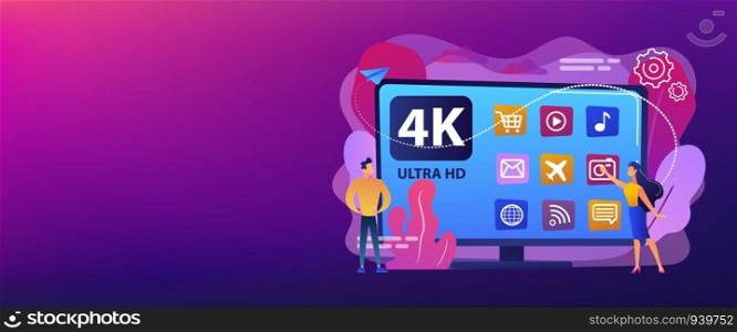 Tiny business people watching modern ultra hd smart television. UHD smart TV, ultra high definition, 4k 8k display technology concept. Header or footer banner template with copy space.. UHD smart TV concept banner header.