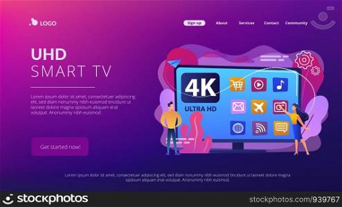 Tiny business people watching modern ultra hd smart television. UHD smart TV, ultra high definition, 4k 8k display technology concept. Website vibrant violet landing web page template.. UHD smart TV concept landing page.