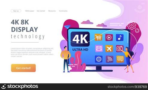 Tiny business people watching modern ultra hd smart television. UHD smart TV, ultra high definition, 4k 8k display technology concept. Website vibrant violet landing web page template.. UHD smart TV concept landing page.