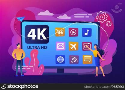 Tiny business people watching modern ultra hd smart television. UHD smart TV, ultra high definition, 4k 8k display technology concept. Bright vibrant violet vector isolated illustration. UHD smart TV concept vector illustration.