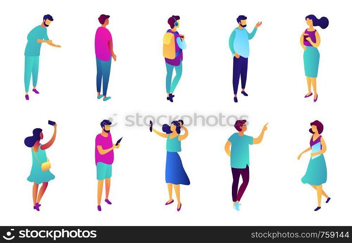 Tiny business people with different gestures isometric 3D illustration set. Businesswoman take selfie, employee and manager pointing, assistant and student concept. Isolated on white background.. Business people isometric 3D illustration set.