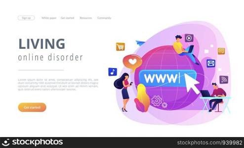Tiny business people with digital devices at big globe surfing internet. Internet addiction, real-life substitution, living online disorder concept. Website vibrant violet landing web page template.. Internet addiction concept landing page.